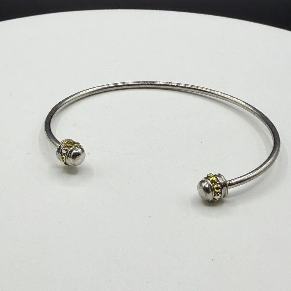 Silver Tone Open Cuff Bracelet Yellow Crystal Beaded End Caps Minimalist Jewelry